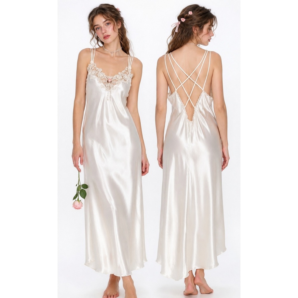 VTG 90s Ivory Satin Slip Maxi Dress Lingerie Lace Bridal Coquette Fairy Glam